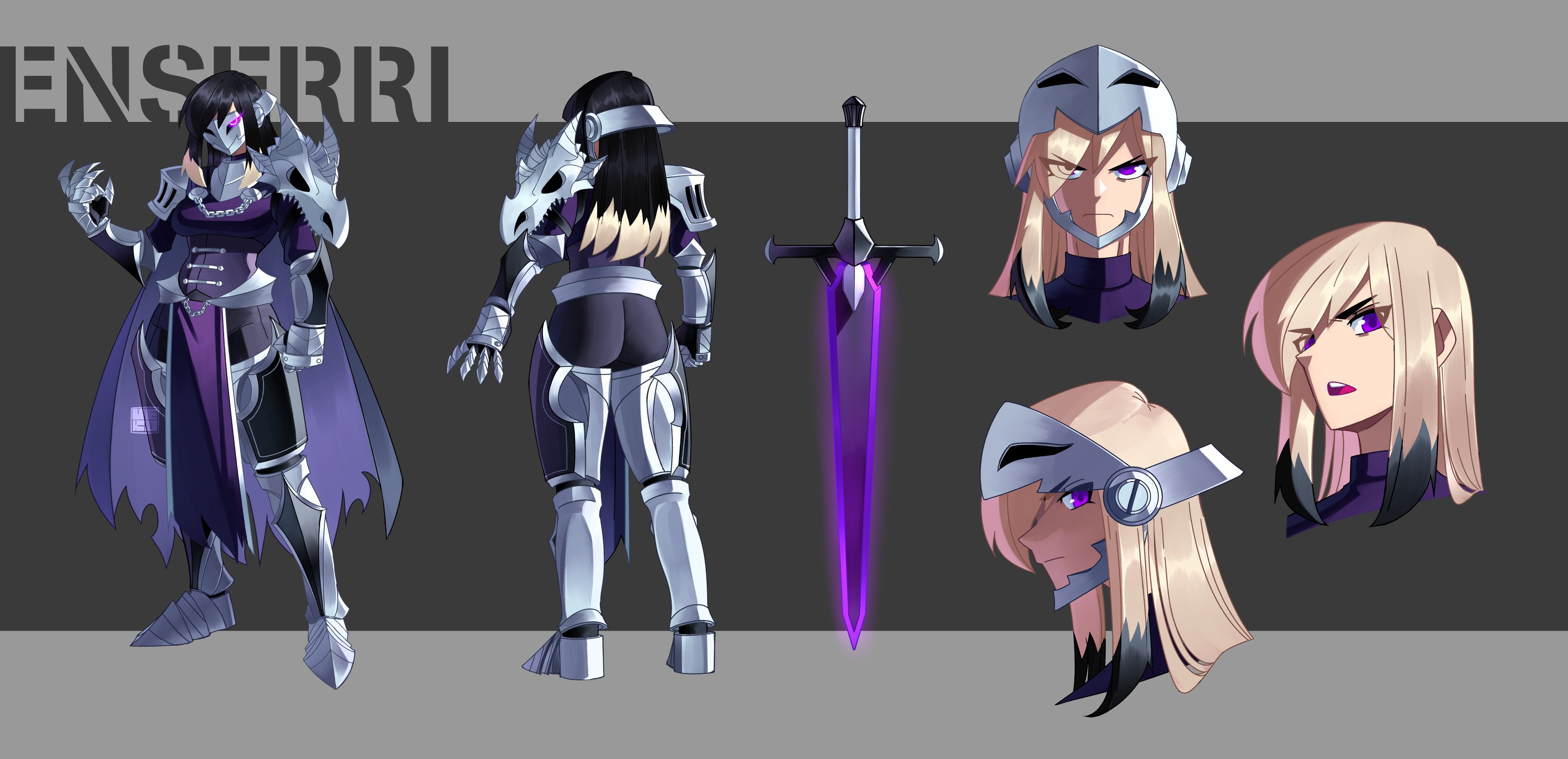 ueko (ueko t), enserri (frozencore94), original, absurdres, commentary, commission, english commentary, highres, 1girl, armor, armored boots, black hair, blonde hair, boots, cape, chain, character name, colored tips, cropped torso, full body, gauntlets, glowing, glowing sword, glowing weapon, knight, long hair, mask, metal mask, multicolored hair, multiple views, pelvic curtain, purple eyes, purple shirt, reference sheet, shirt, shoulder armor, standing, tsurime, v-shaped eyebrows, weapon