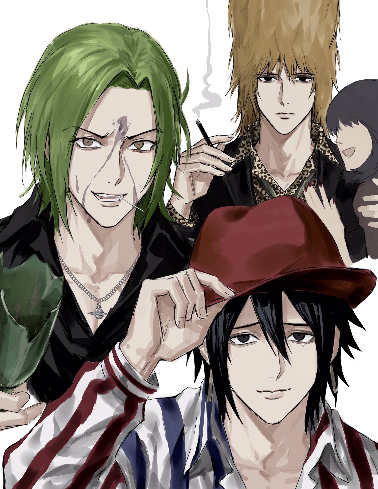 sso s, everyday host, character request, highres, 1girl, 3boys, black eyes, black hair, broken bottle, cigarette, earrings, faceless, faceless female, green hair, holding, holding cigarette, jewelry, long sleeves, looking at viewer, male focus, mouth hold, multiple boys, okonomi tarou, sauce nishioka, teeth, teeth hold