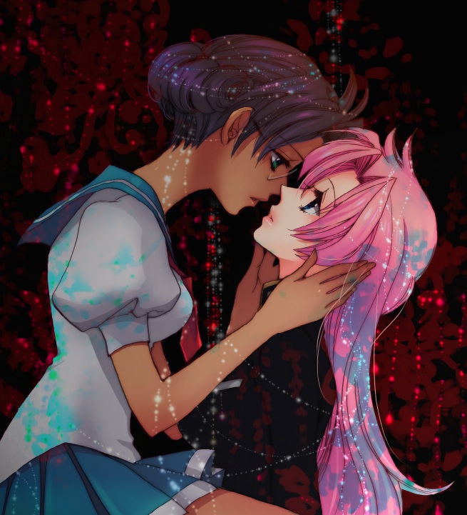 harumi chihiro, himemiya anthy, tenjou utena, shoujo kakumei utena, 1990s (style), 2girls, blue sailor collar, couple, dark-skinned female, dark skin, eye contact, glasses, imminent kiss, kiss, lips, long hair, looking at another, multiple girls, pink hair, purple hair, sailor collar, school uniform, serafuku, short hair, silhouette, yuri