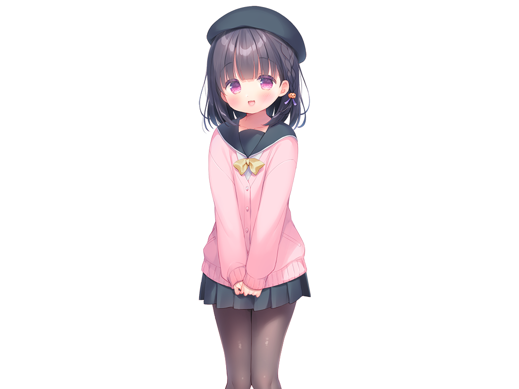 piyodera mucha, kazari (mainichi kiss shite lolita), mainichi kiss shite lolita, game cg, large variant set, non-web source, variant set, 1girl, :d, black hair, black pantyhose, black sailor collar, black skirt, blue hat, blunt bangs, blush, bow, bowtie, buttons, cardigan, collarbone, feet out of frame, hat, long sleeves, looking at viewer, miniskirt, open mouth, pantyhose, pink cardigan, pink eyes, pleated skirt, sailor collar, school uniform, serafuku, short hair, simple background, skirt, smile, solo, standing, tachi-e, transparent background, yellow bow, yellow bowtie