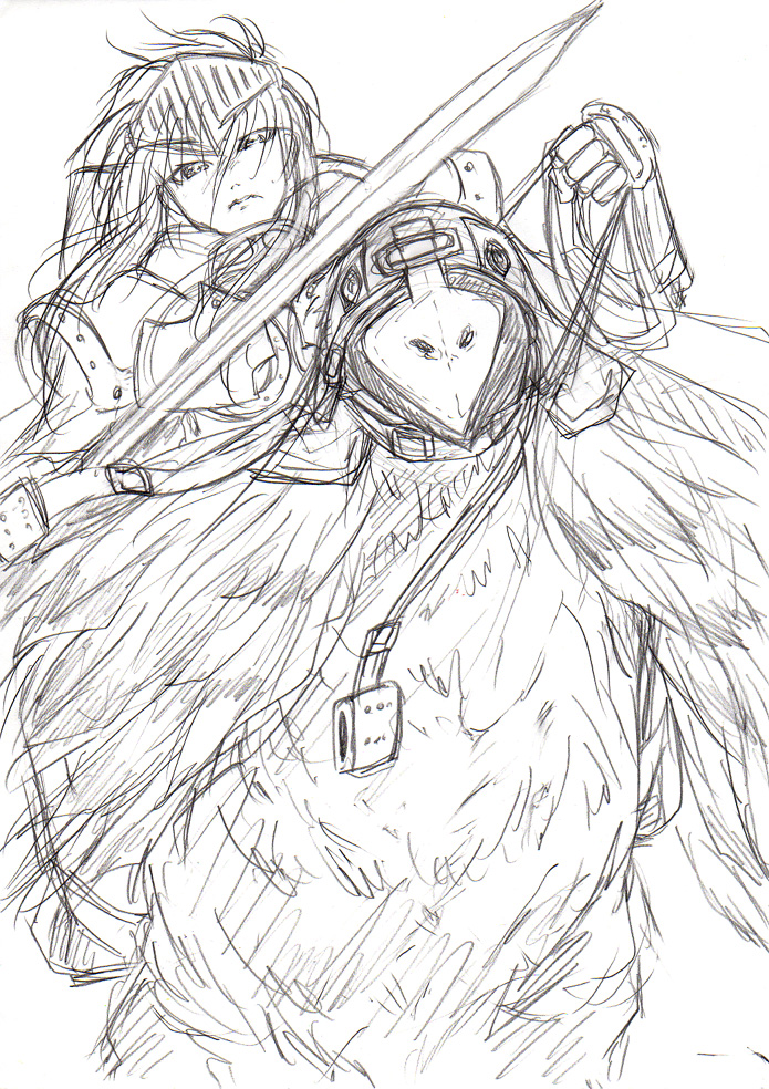 bakufu, fuu (futian), crusader (ragnarok online), ragnarok online, 1boy, armor, bird, greyscale, male focus, monochrome, sketch, solo, sword, weapon