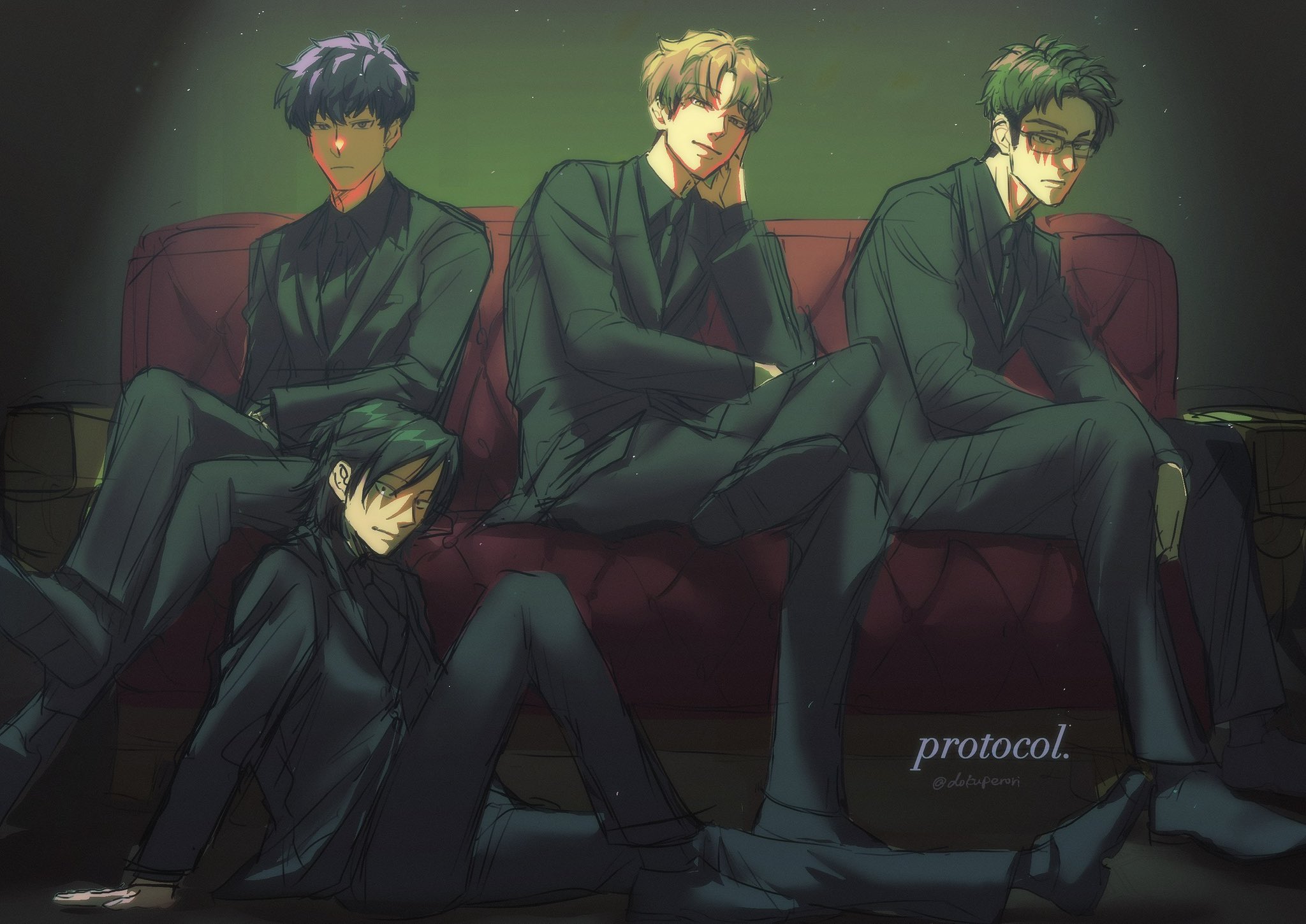 mizuo haruichi, taguchi ryuuya, takami kouki, tohno gen, futsuu no keion-bu, small pupils, commentary request, highres, 4boys, :|, black hair, black jacket, black necktie, black pants, black shirt, black shoes, black suit, brown hair, closed mouth, couch, crossed legs, dark, dokuperorin, formal clothes, glasses, jacket, looking at viewer, male focus, multiple boys, necktie, official alternate costume, official alternate hairstyle, on couch, pants, shirt, shoes, short hair, sitting, suit, suit jacket