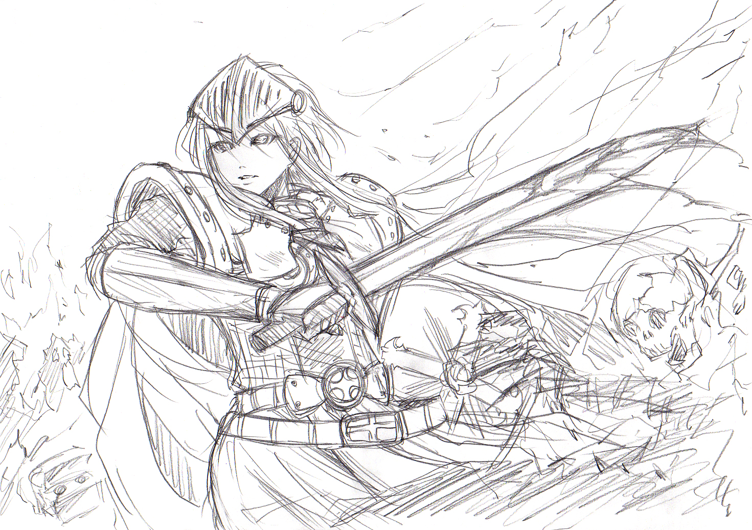 bakufu, fuu (futian), crusader (ragnarok online), ragnarok online, 1boy, armor, battle, belt, cape, greyscale, male focus, monochrome, shield, sketch, skull, solo, sword, weapon