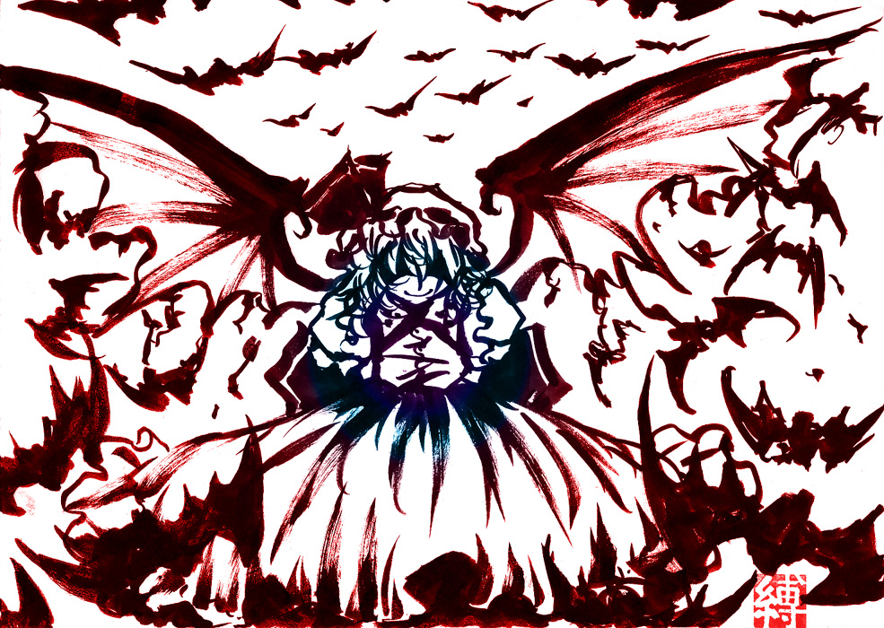 bakufu, fuu (futian), remilia scarlet, touhou, ink (medium), traditional media, 1girl, bat (animal), bat wings, female focus, hat, ink, partially colored, solo, white background, wings