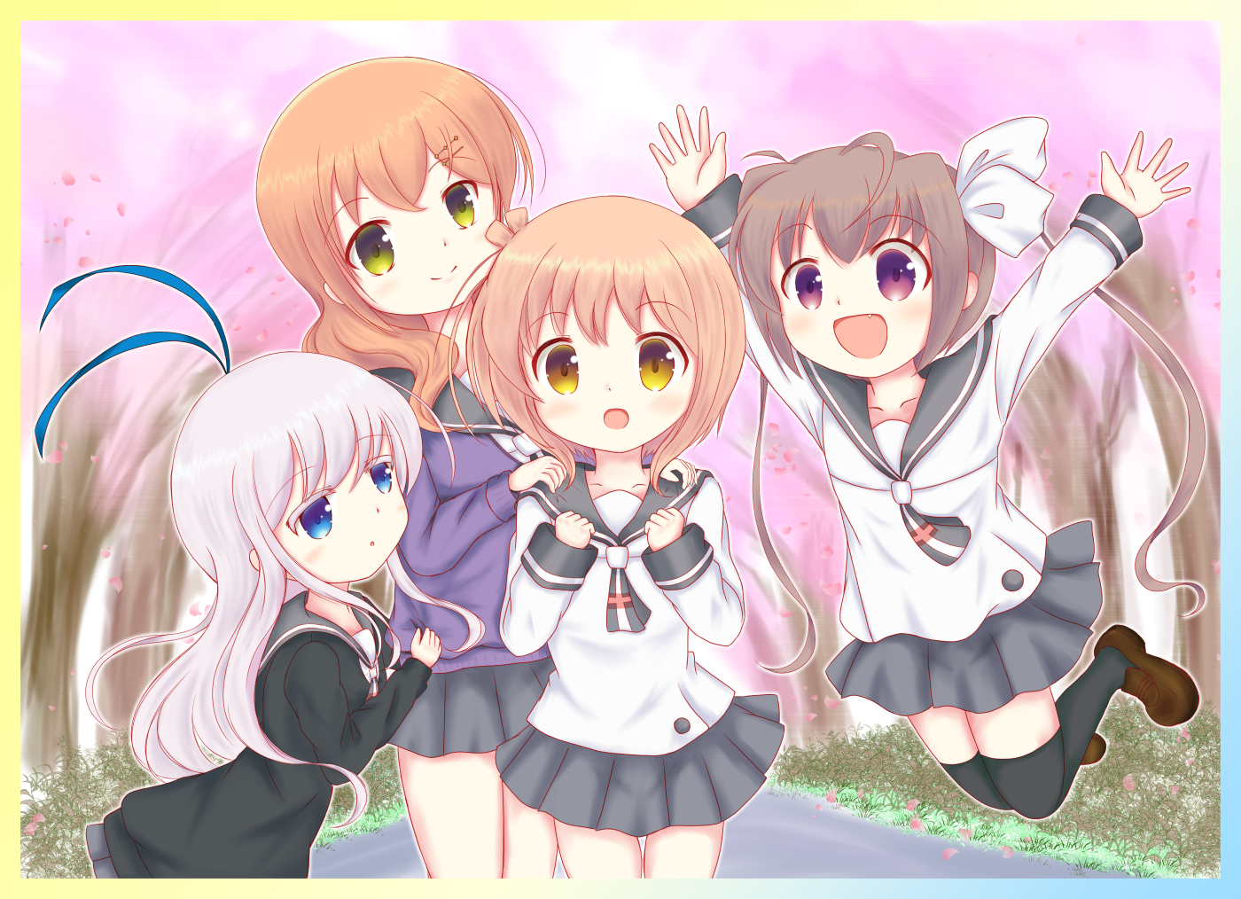 ichigoantenna, ichinose hana, momochi tamate, sengoku kamuri, tokura eiko, slow start, blue eyes, brown eyes, brown hair, fang, green eyes, hair ornament, long hair, open mouth, pleated skirt, school uniform, shoes, short hair, skirt, smile, solo, thighhighs, very long hair, waving