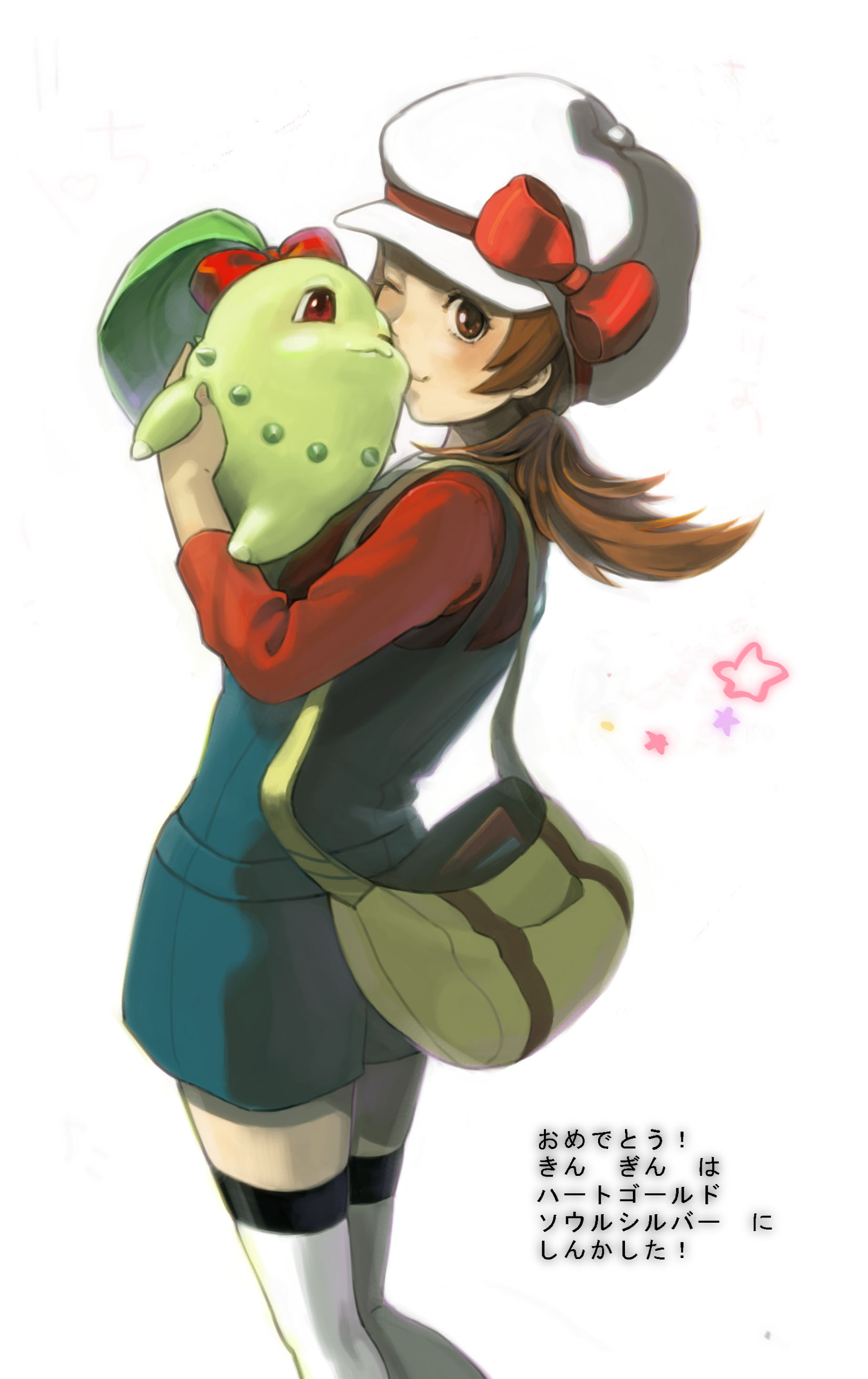 eishi, chikorita, lyra (pokemon), nintendo, pokemon, pokemon hgss, absurdres, bad id, bad pixiv id, highres, translated, 00s, 1girl, bag, brown eyes, brown hair, clothed pokemon, gen 2 pokemon, handbag, hat, hat ribbon, kiss, newsboy cap, nuzzle, one eye closed, overalls, pokemon (creature), red eyes, red ribbon, ribbon, short twintails, thighhighs, twintails, white thighhighs, wink