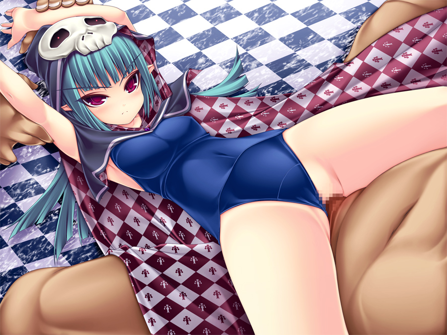 kyabi, kyabia (drug garden), original, 1girl, aqua hair, censored, clothed sex, clothing aside, elf, one-piece swimsuit, penis, pointy ears, purple eyes, school swimsuit, sex, skull, solo focus, swimsuit, swimsuit aside, swimsuit under clothes