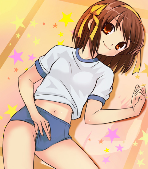 haruyama kazunori, suzumiya haruhi, suzumiya haruhi no yuuutsu, 00s, 1girl, brown eyes, brown hair, buruma, buruma pull, clothes pull, clothing aside, female focus, female pubic hair, gym uniform, hairband, lying, navel, no panties, pubic hair, short hair, shorts, shorts aside, solo, upshorts