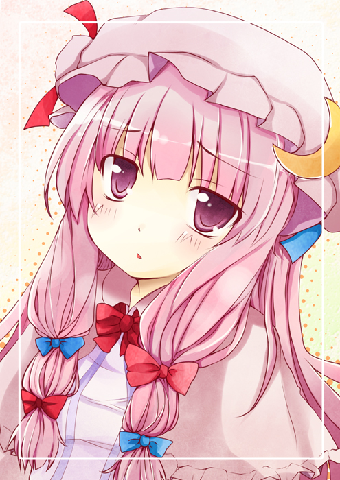 shindo hachigo, patchouli knowledge, touhou, bad id, bad pixiv id, 1girl, female focus, hat, purple eyes, purple hair, ribbon, solo