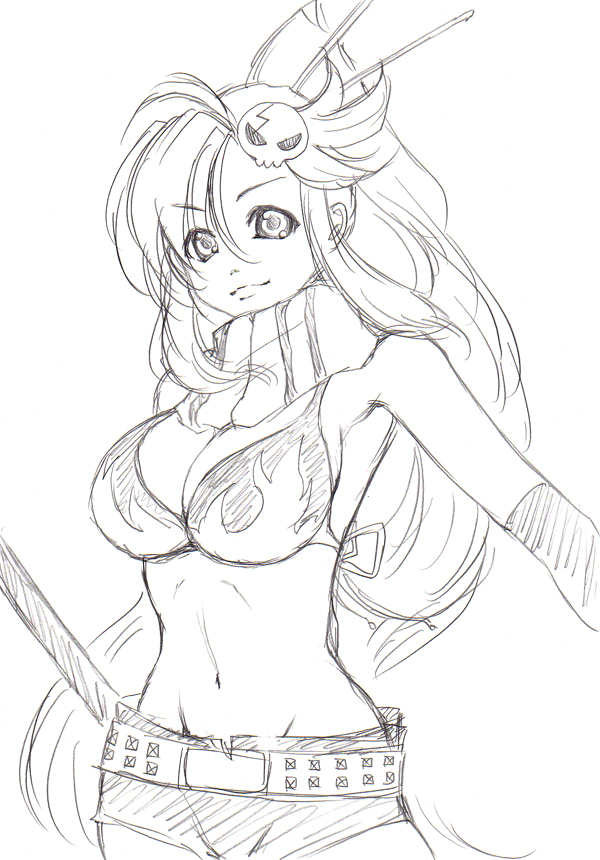 bakufu, fuu (futian), yoko littner, tengen toppa gurren lagann, traditional media, 00s, 1girl, belt, bikini, bikini top only, breasts, cleavage, female focus, gloves, greyscale, hair ornament, large breasts, long hair, midriff, monochrome, ponytail, scarf, short shorts, shorts, sketch, solo, swimsuit