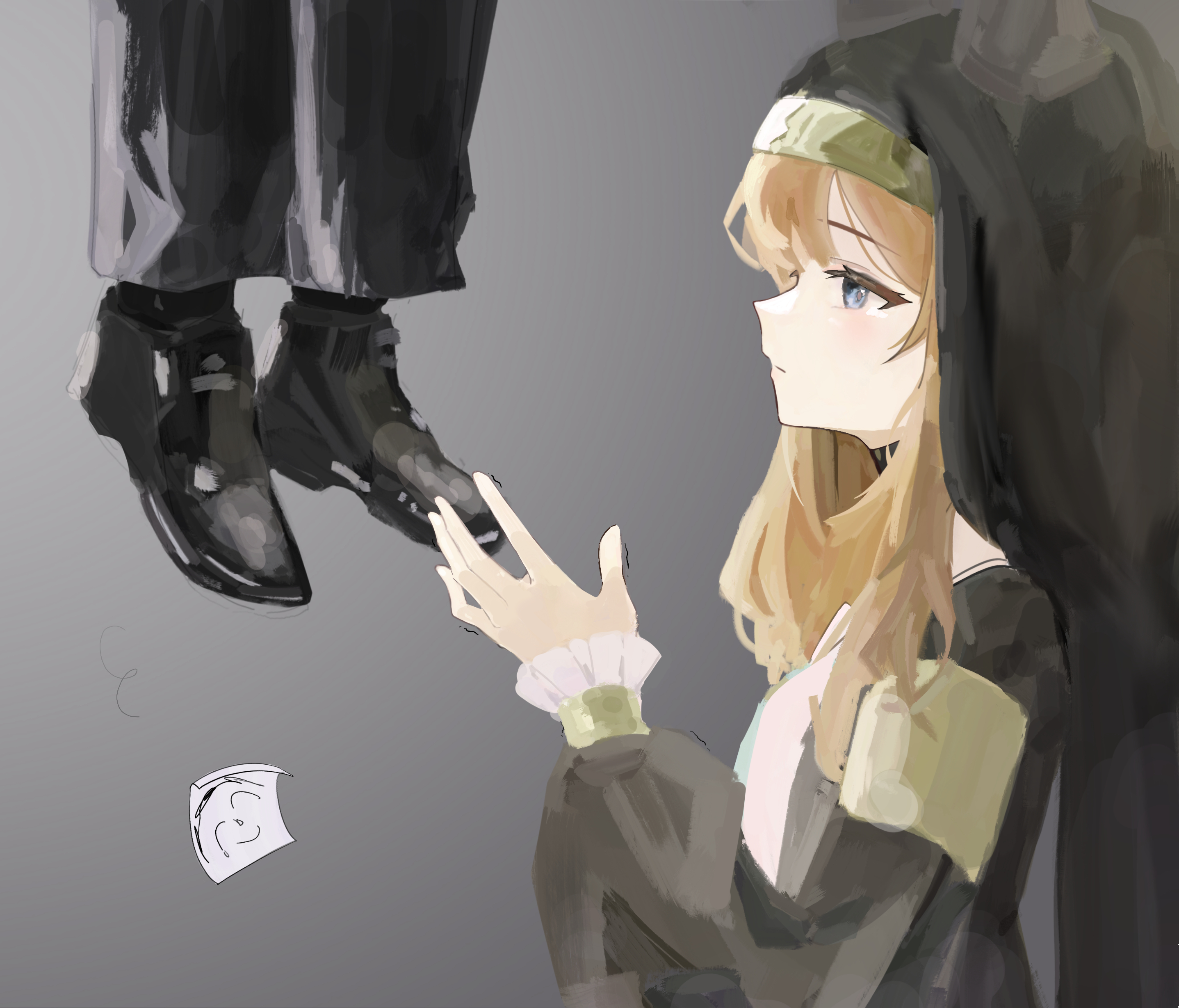 doodle sensei (blue archive), mari (blue archive), sensei (blue archive), blue archive, absurdres, commentary request, highres, 1boy, 1girl, animal ear headwear, black pants, black shoes, black veil, coif, expressionless, fake animal ears, feet, from side, gradient background, grey background, hand up, implied death, jojo rabbit, long hair, long sleeves, mskim, nun, orange hair, pants, profile, scene reference, shoes, simple background, trembling, veil