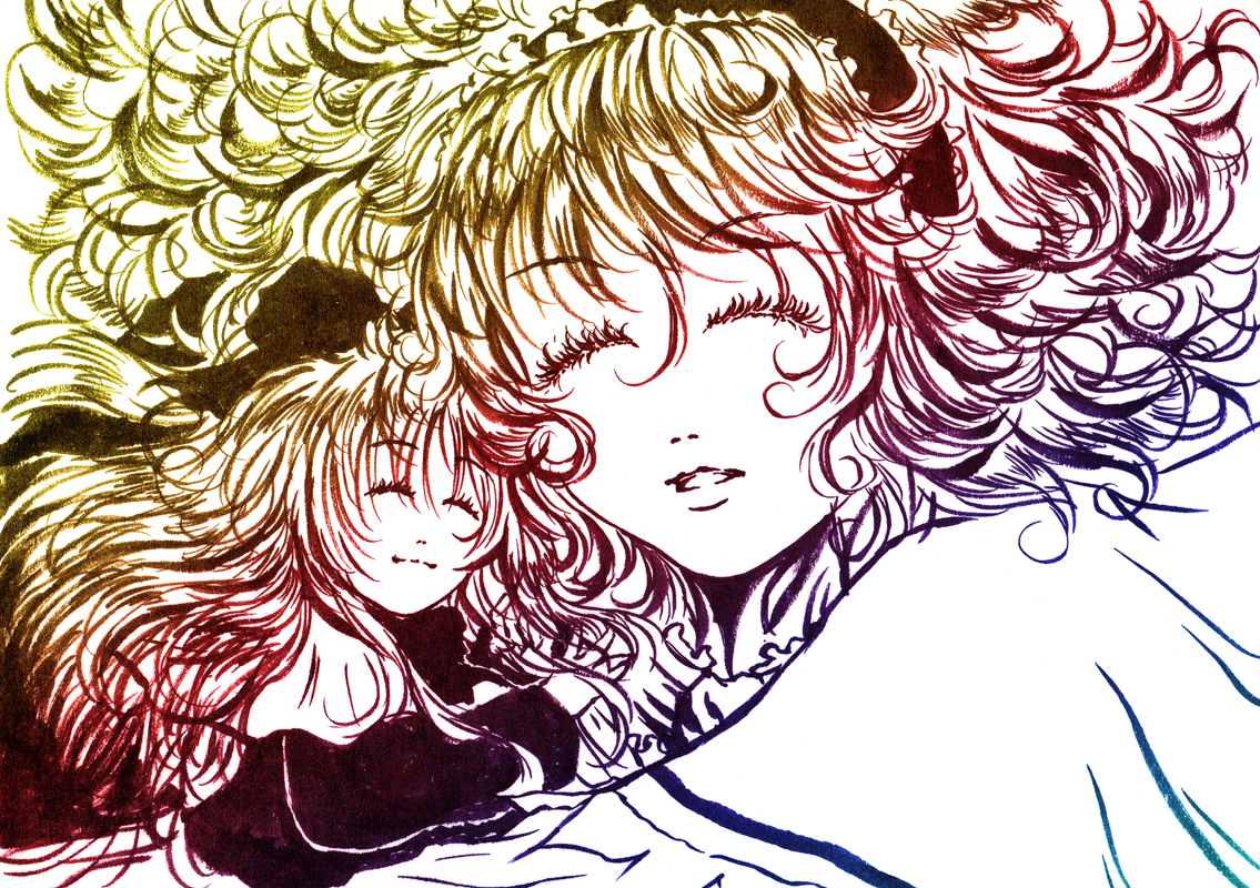 bakufu, fuu (futian), alice margatroid, shanghai doll, touhou, ink (medium), traditional media, 1girl, blonde hair, closed eyes, female focus, ink, monochrome, short hair, sleeping, solo