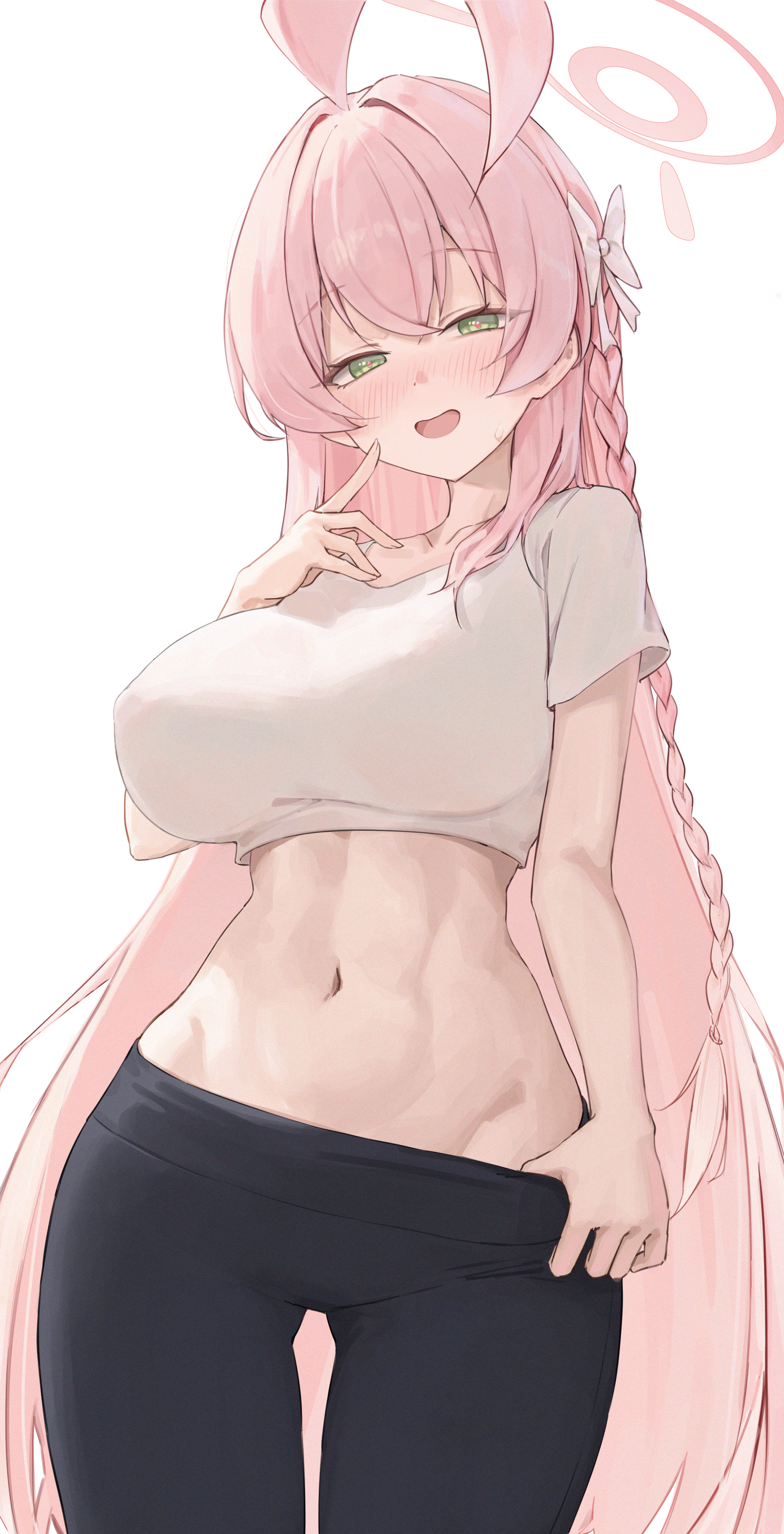 springrain 06, hanako (blue archive), blue archive, absurdres, highres, 1girl, :d, ahoge, alternate costume, arm at side, black pants, blush, bow, braid, breasts, clothes pull, cowboy shot, crop top, cropped shirt, eyelashes, green eyes, hair bow, halo, hand up, heart, heart-shaped pupils, huge ahoge, index finger raised, large breasts, long hair, looking at viewer, navel, no panties, nose blush, open mouth, pants, pants pull, pink hair, pink halo, pulling own clothes, shirt, short sleeves, simple background, single braid, smile, solo, stomach, sweat, sweatdrop, symbol-shaped pupils, very long hair, white background, white bow, white shirt