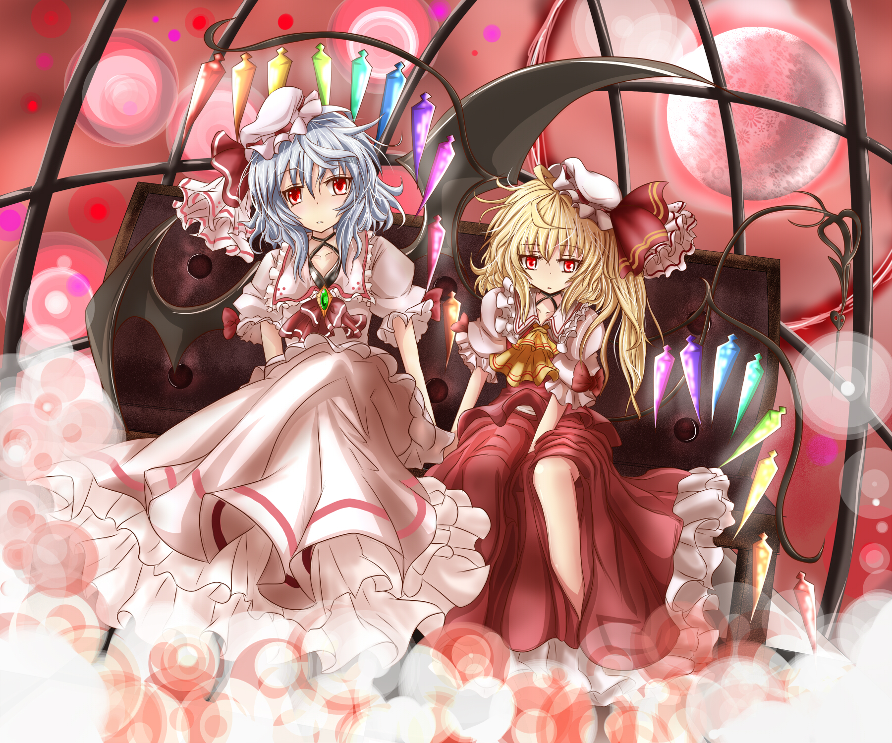 haru ion, flandre scarlet, remilia scarlet, touhou, highres, 2girls, bat wings, blonde hair, blue hair, female focus, hat, multiple girls, ponytail, red eyes, short hair, siblings, side ponytail, sisters, wings