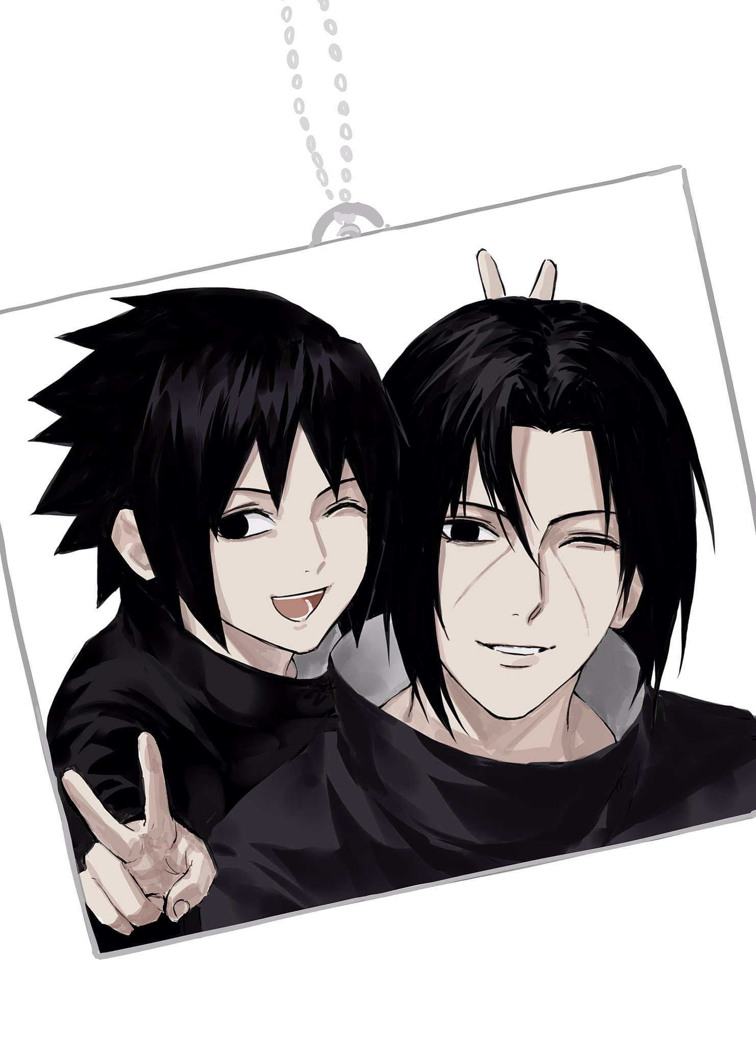 sso s, uchiha itachi, uchiha sasuke, naruto (series), commentary, highres, symbol-only commentary, 2boys, aged down, black eyes, black hair, brothers, carrying, looking at viewer, male focus, multiple boys, one eye closed, parted lips, photo (object), piggyback, siblings, simple background, smile, teeth, v, white background