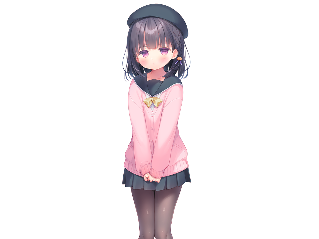 piyodera mucha, kazari (mainichi kiss shite lolita), mainichi kiss shite lolita, game cg, large variant set, non-web source, variant set, 1girl, black hair, black pantyhose, black sailor collar, black skirt, blue hat, blunt bangs, blush, bow, bowtie, buttons, cardigan, closed mouth, collarbone, feet out of frame, hat, long sleeves, looking at viewer, miniskirt, pantyhose, pink cardigan, pink eyes, pleated skirt, sailor collar, school uniform, serafuku, short hair, simple background, skirt, solo, standing, tachi-e, transparent background, yellow bow, yellow bowtie