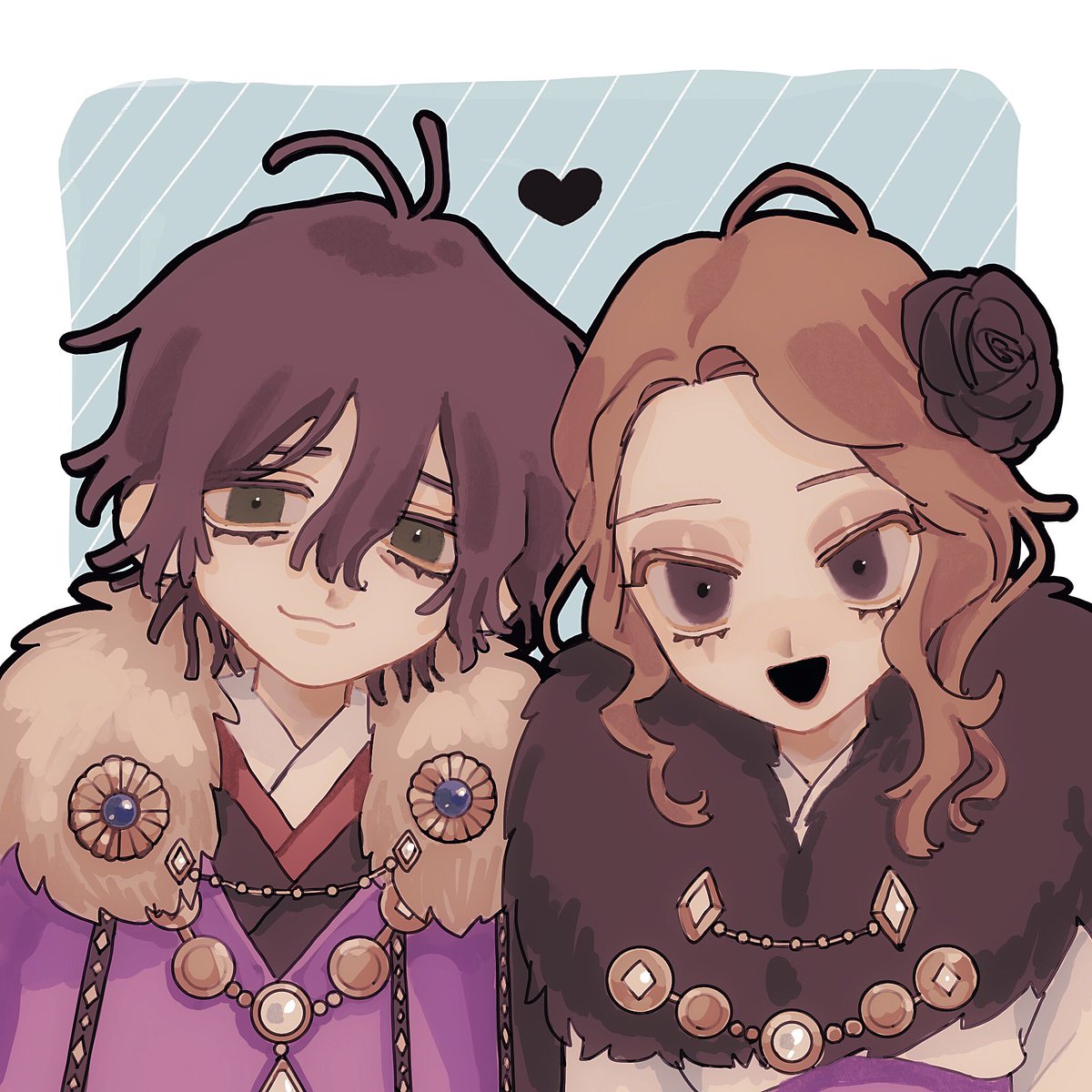 hnnstkn001, ada mesmer, emil (identity v), identity v, highres, protected link, 1boy, 1girl, antenna hair, black flower, black hair, black rose, blue background, brown eyes, brown hair, closed mouth, curly hair, flower, fur collar, fur scarf, fur trim, gem, green eyes, hair between eyes, hair flower, hair ornament, heart, hetero, japanese clothes, kimono, layered kimono, long hair, looking at viewer, open mouth, purple kimono, rose, short hair, smile, upper body