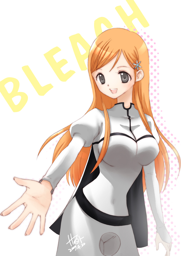 herua, inoue orihime, bleach, bad id, bad pixiv id, 00s, cape, dress, grey eyes, long hair, orange hair, solo