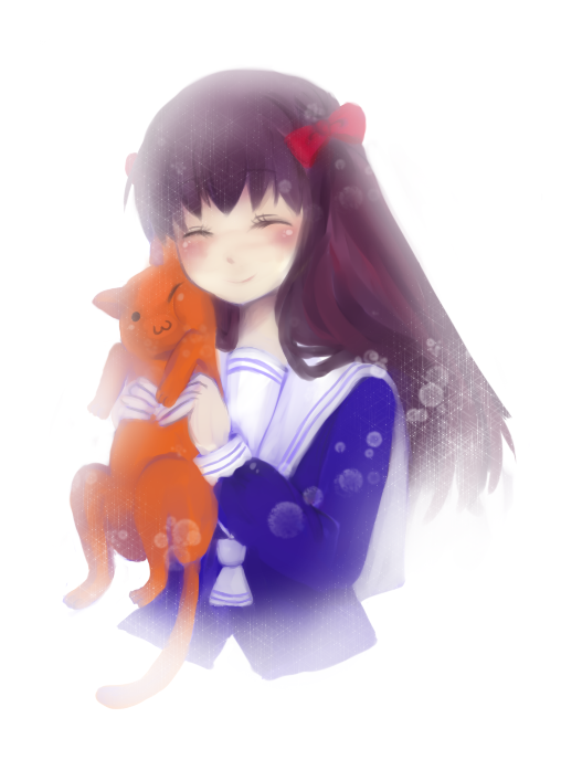 akineko (agape), ei (pixiv119763), honda tooru, sohma kyou, fruits basket, bad id, bad pixiv id, 1girl, blush, brown hair, cat, hair ribbon, happy, long hair, ribbon, school uniform, serafuku