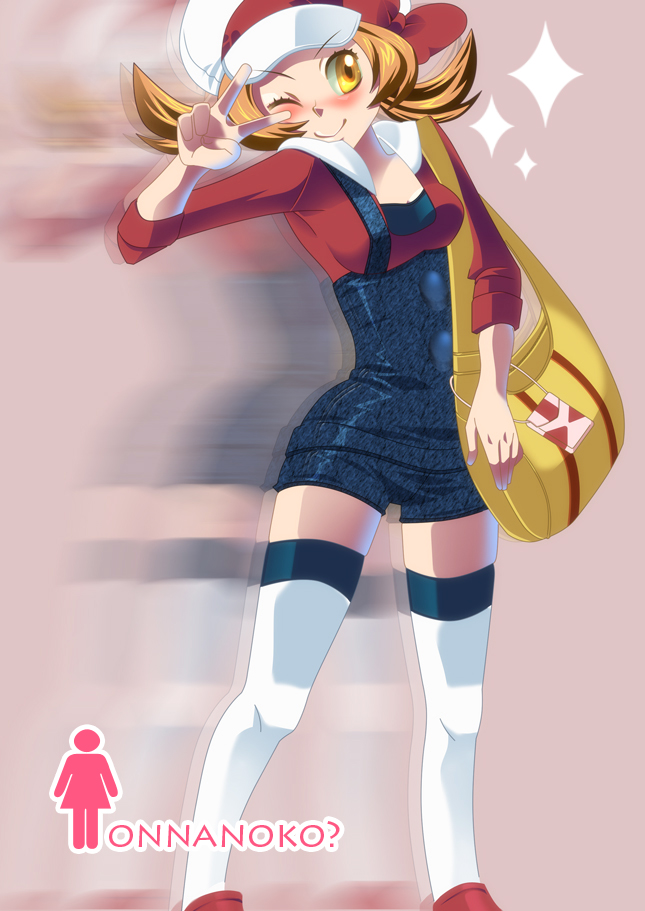 ekoda, lyra (pokemon), nintendo, pokemon, pokemon hgss, bad id, bad pixiv id, 00s, 1girl, :>, bag, blush, bow, brown hair, cardigan, cellphone, female focus, handbag, hat, hat ribbon, motion blur, newsboy cap, one eye closed, overalls, phone, red ribbon, ribbon, short twintails, solo, sparkle, thighhighs, twintails, v, white thighhighs, wink, yellow eyes