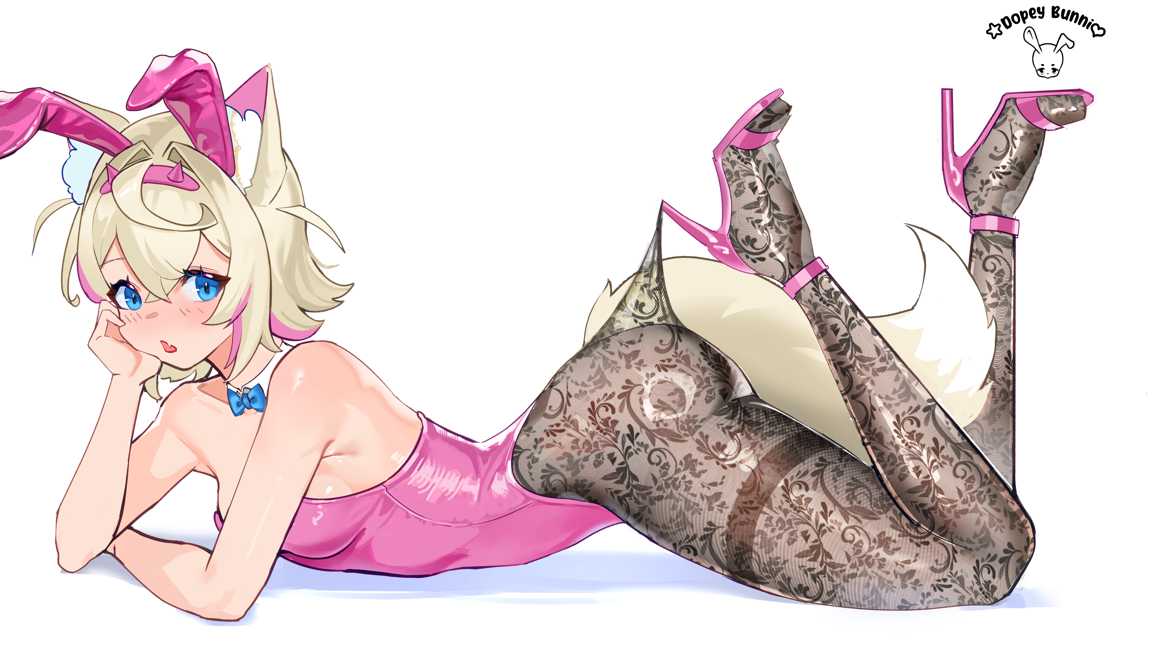 dopeybunni, mococo abyssgard, hololive, hololive english, absurdres, commentary, english commentary, highres, animal ears, bandaid, bandaid hair ornament, black pantyhose, blonde hair, blue bow, blue bowtie, blue eyes, bow, bowtie, crossed bangs, detached collar, dog ears, dog girl, dog tail, double-parted bangs, fake animal ears, fake horns, from side, full body, hair between eyes, hair intakes, hair ornament, hairband, high heels, horn hairband, horns, lace pantyhose, lace pantyhose hooked on heel (meme), leotard, lying, meme, multicolored hair, on stomach, pantyhose, pink hair, pink hairband, pink leotard, pink shoes, playboy bunny, rabbit ears, shoes, short hair, strapless, strapless leotard, strappy heels, streaked hair, tail, the pose, two side up, virtual youtuber, x hair ornament