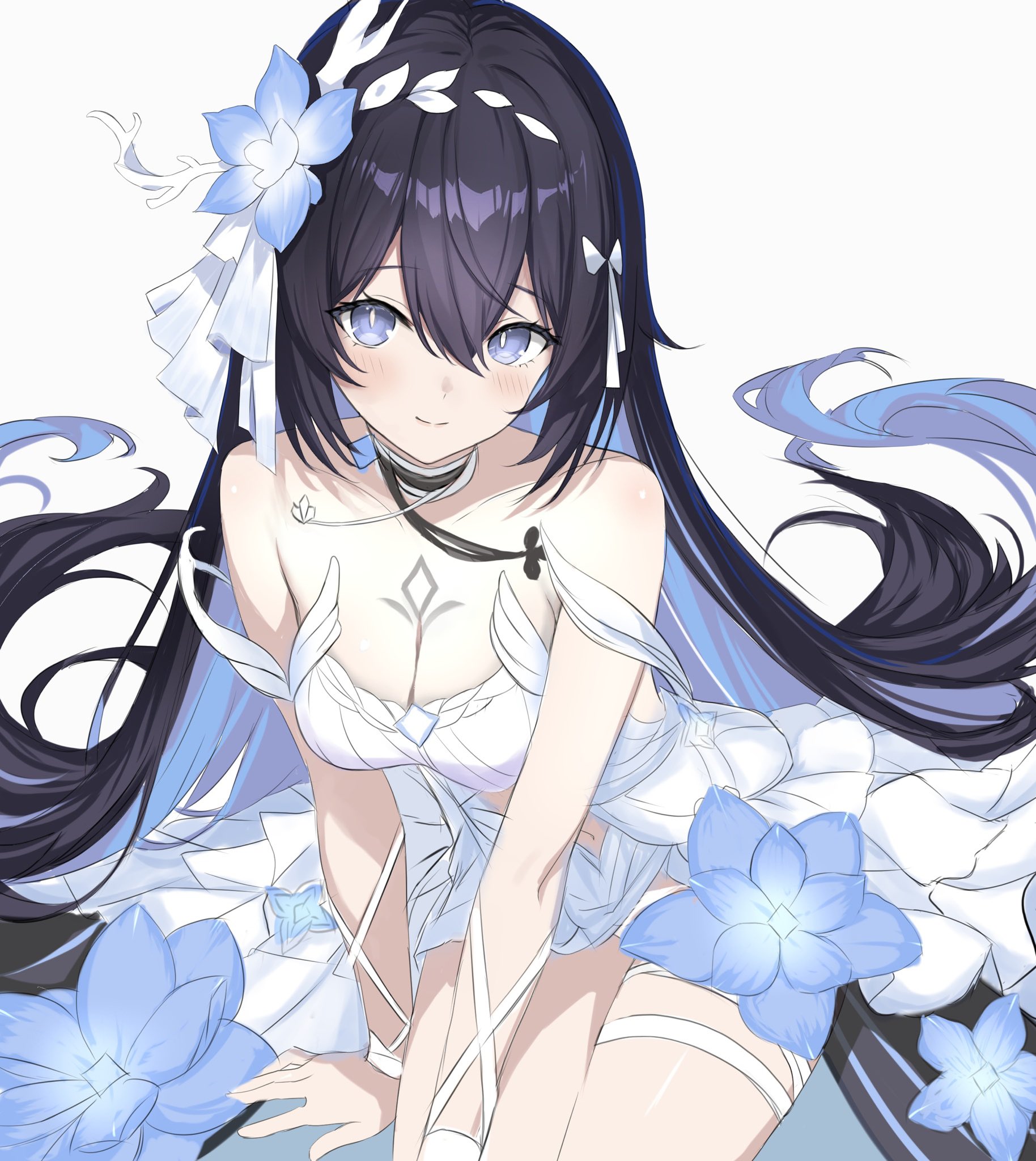 unifox0123, seele vollerei, seele vollerei (herrscher of rebirth), honkai (series), honkai impact 3rd, commentary request, highres, 1girl, bare shoulders, black hair, blue eyes, blue hair, breast tattoo, breasts, colored inner hair, dress, flower, hair flower, hair ornament, large breasts, long hair, looking at viewer, multicolored hair, simple background, smile, solo, tattoo, two-tone hair, very long hair, white background, white dress