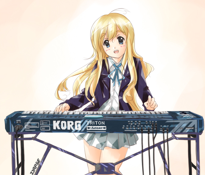 jjapse, kotobuki tsumugi, k-on!, eyebrows, 00s, 1girl, blazer, blonde hair, blue eyes, female focus, gradient background, instrument, jacket, long hair, pleated skirt, school uniform, skirt, solo