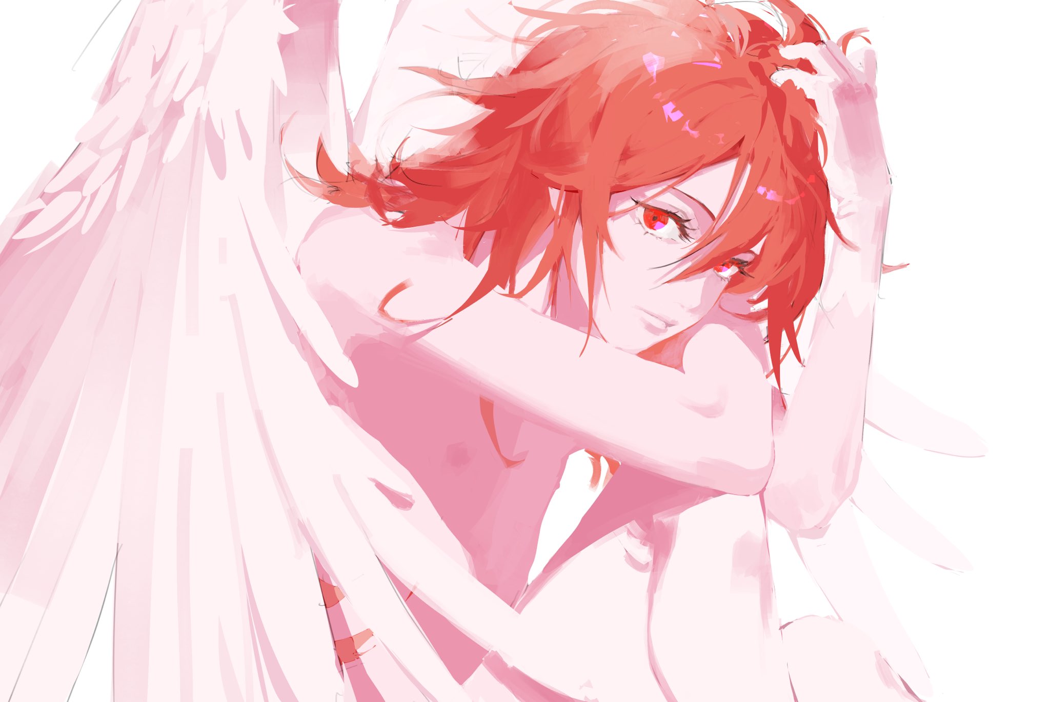 angel devil (chainsaw man), chainsaw man, commentary, hashtag-only commentary, highres, 1boy, androgynous, angel wings, arm on knee, knee up, lips, long hair, looking at viewer, male focus, nacarattt, nipples, nude, red eyes, red hair, simple background, skinny, solo, white background, wings