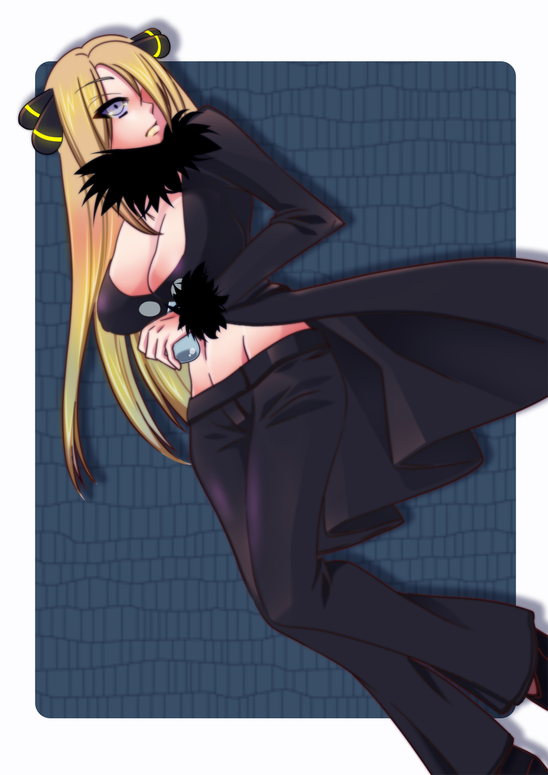 ekoda, cynthia (pokemon), nintendo, pokemon, pokemon dppt, bad id, bad pixiv id, highres, 00s, 1girl, blonde hair, breasts, cardigan, cleavage, feathers, female focus, hair ornament, hair over one eye, large breasts, long hair, midriff, pants, purple eyes, solo