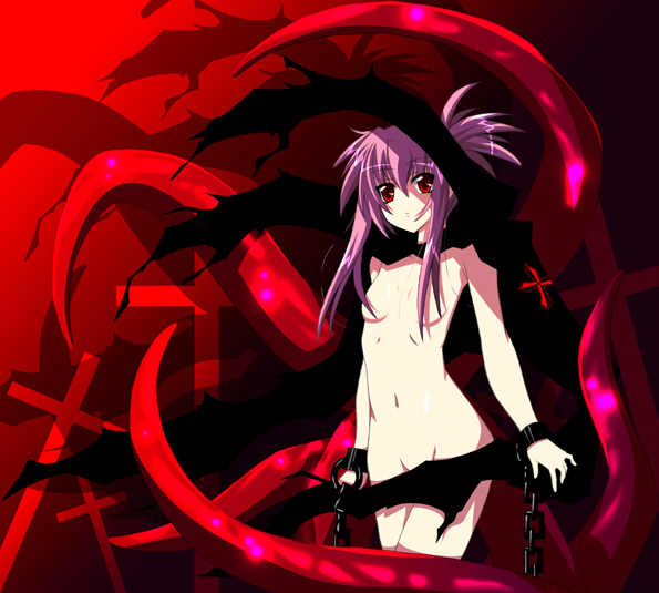 fumihiro, chikage (sister princess), sister princess, 00s, bdsm, bondage, bound, breasts, chain, cross, loli, nude, purple hair, red eyes