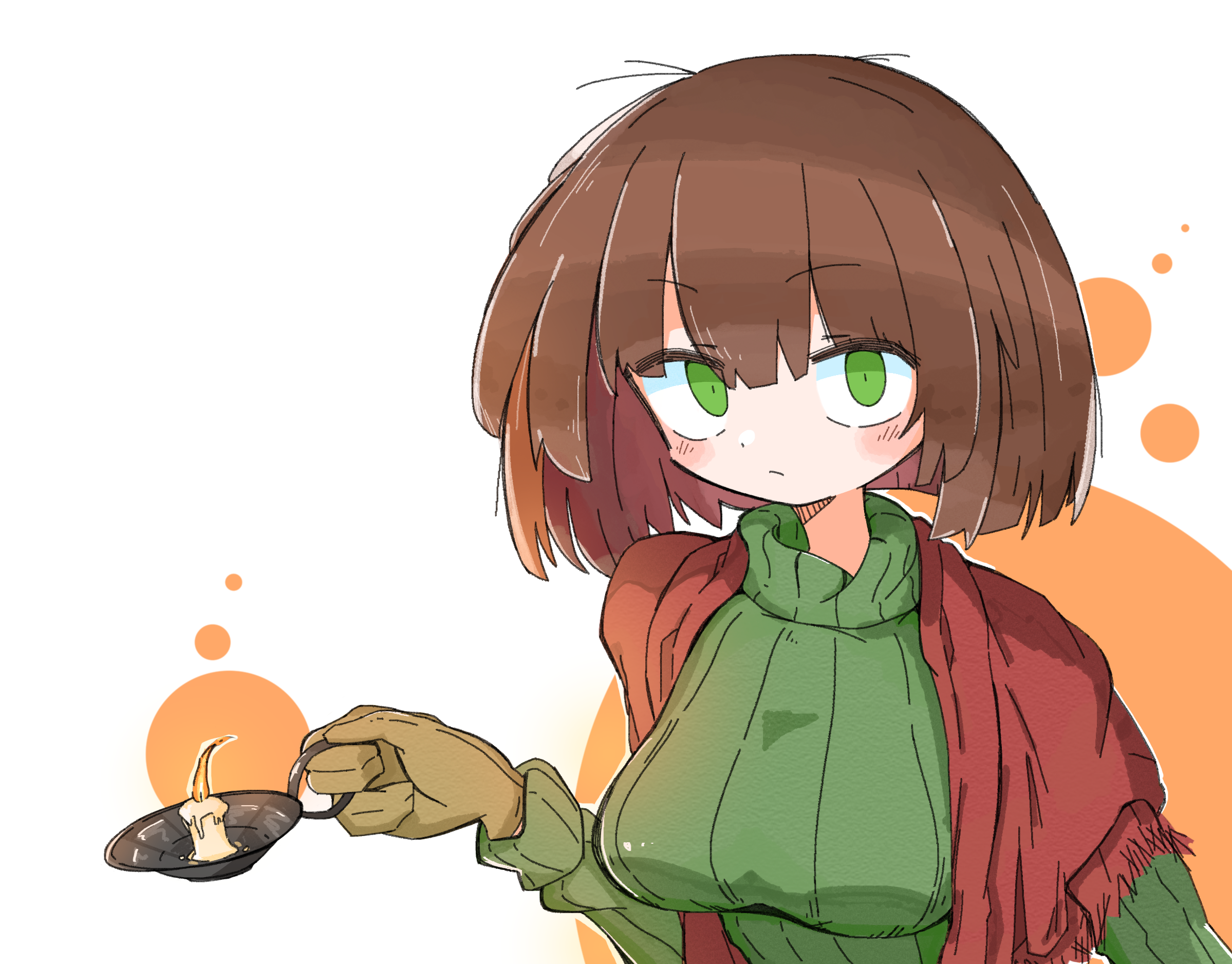 vinni puh, peripeteia, highres, 1girl, :/, bob cut, breasts, brown hair, candle, gloves, green eyes, green sweater, holding, holding candle, large breasts, librarian (peripeteia), light blush, looking at viewer, medium hair, orange background, red shawl, shawl, simple background, solo, sweater, turtleneck, turtleneck sweater, two-tone background, upper body, white background