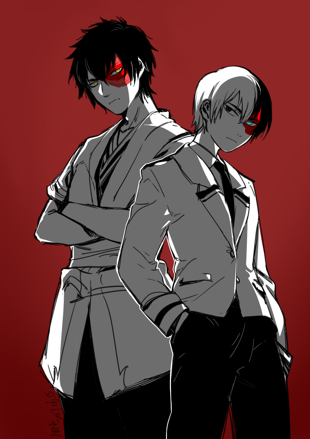ama (mosaicowen), todoroki shoto, zuko, avatar: the last airbender, avatar legends, boku no hero academia, highres, 2boys, black hair, crossed arms, crossover, fire, hand in pocket, multicolored hair, multiple boys, necktie, red background, scar, scar across eye, scar on face, school uniform, short hair, simple background, two-tone hair, yellow eyes