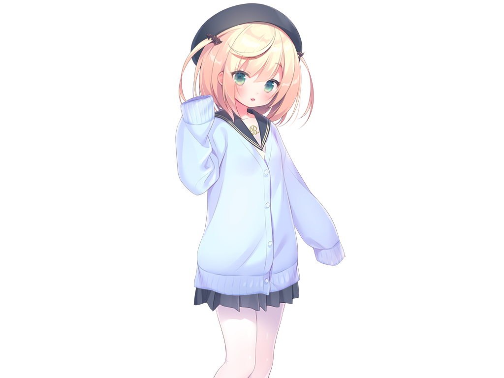 piyodera mucha, mainichi kiss shite lolita, game cg, large variant set, non-web source, variant set, 1girl, beret, black hat, black sailor collar, black skirt, blonde hair, blue cardigan, blush, cardigan, feet out of frame, green eyes, hand up, hat, long sleeves, looking at viewer, mihato (mainichi kiss shite lolita), miniskirt, open mouth, pantyhose, pleated skirt, sailor collar, school uniform, serafuku, short hair, simple background, sitting, skirt, sleeves past fingers, sleeves past wrists, solo, tachi-e, transparent background, two side up, white pantyhose