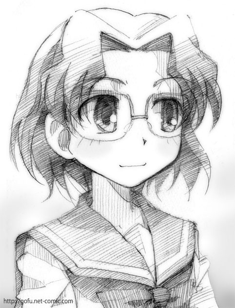 gofu, someya mako, saki (manga), traditional media, 00s, blush, bow, glasses, greyscale, monochrome, portrait, school uniform, serafuku, short hair, sketch, smile, solo