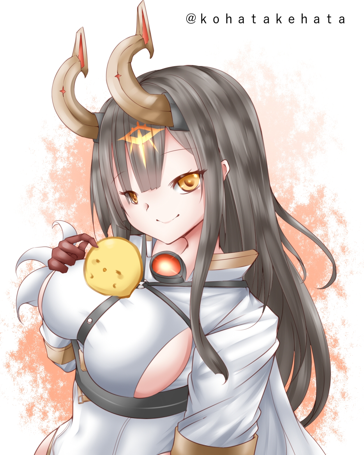 lyme (azur lane), manjuu (azur lane), azur lane, comic lo, highres, 1girl, artist name, baby animal, bird, black hair, breasts, chick, closed mouth, covered navel, gloves, hand up, horns, kohatakehata, large breasts, looking at viewer, red gloves, smile, twitter username, upper body, yellow eyes