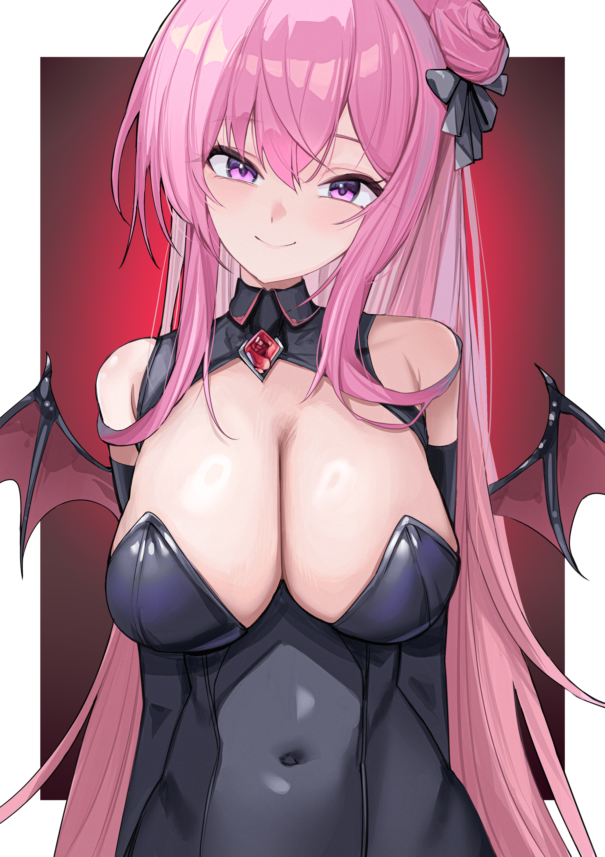 seoly ouo, dorothy (nikke), goddess of victory: nikke, absurdres, commentary, highres, korean commentary, 1girl, bare shoulders, black dress, black ribbon, blush, breasts, cleavage, closed mouth, covered navel, demon wings, dress, hair between eyes, hair bun, hair ribbon, large breasts, long hair, looking at viewer, pink eyes, pink hair, red background, red wings, ribbon, single hair bun, smile, solo, white background, wings