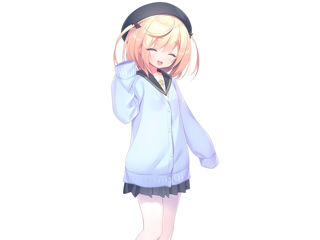 piyodera mucha, mainichi kiss shite lolita, game cg, large variant set, non-web source, variant set, 1girl, :3, :d, ^ ^, beret, black hat, black sailor collar, black skirt, blonde hair, blue cardigan, cardigan, closed eyes, feet out of frame, hand up, hat, long sleeves, mihato (mainichi kiss shite lolita), miniskirt, open mouth, pantyhose, pleated skirt, sailor collar, school uniform, serafuku, short hair, simple background, sitting, skirt, sleeves past fingers, sleeves past wrists, smile, solo, tachi-e, transparent background, two side up, white pantyhose