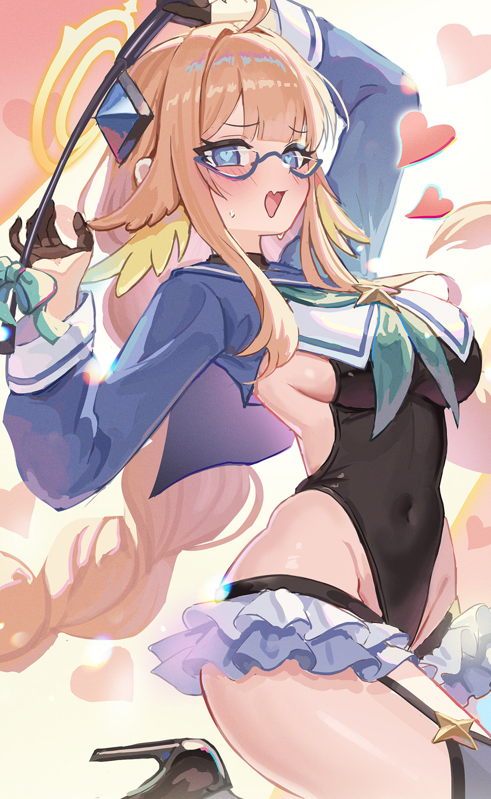 madopen, shimiko (blue archive), shimiko (magical) (blue archive), blue archive, braided twintails, highres, aqua neckerchief, black leotard, blue shrug, braid, breasts, feather hair, feathers, gloves, half gloves, halo, halter leotard, halterneck, heart, heart-shaped pupils, high heels, holding, holding riding crop, impossible clothes, impossible leotard, large breasts, leotard, looking at viewer, low twin braids, neckerchief, riding crop, shrug (clothing), super highleg, symbol-shaped pupils, twin braids, yellow feathers, yellow halo