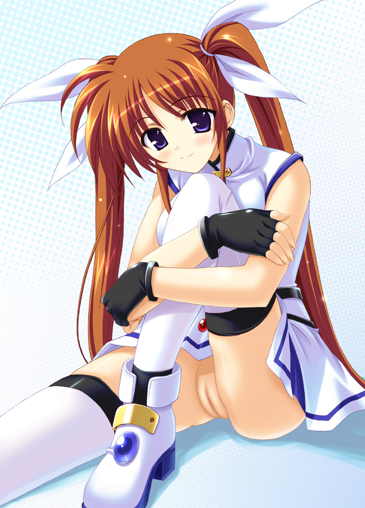 takamachi nanoha, lyrical nanoha, mahou shoujo lyrical nanoha, 00s, blush, brown hair, hair ribbon, long hair, looking at viewer, purple eyes, pussy, ribbon, sitting, smile, twintails, uncensored