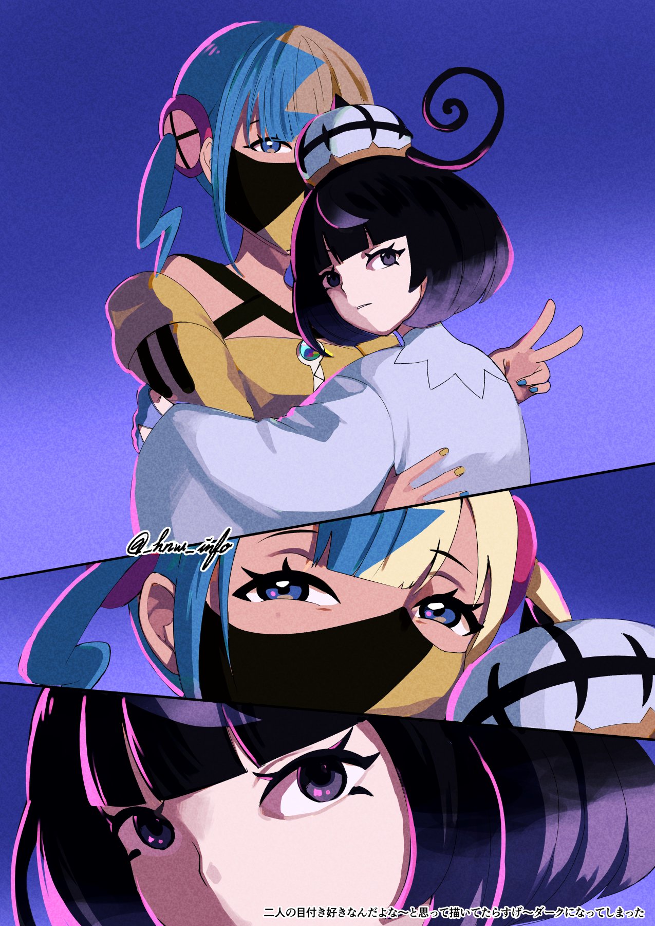 haniwa (hnw), canari (pokemon), gwynn (pokemon), nintendo, pokemon, pokemon legends: z-a, highres, 2girls, bandeau, black eyes, black hair, blonde hair, blue hair, blue nails, blunt bangs, bob cut, closed mouth, coat, dark-skinned female, dark skin, eyelashes, hat, hug, long sleeves, looking at viewer, looking back, mask, mouth mask, multicolored hair, multicolored nails, multiple girls, short hair, split-color hair, twitter username, two-tone hair, two-tone nails, upper body, v, white coat, yellow nails, yuri