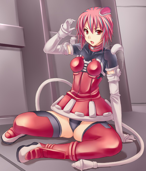 metadora, black panties, panties, pink hair, red eyes, sitting, solo, spread legs, thighhighs, underwear, upskirt