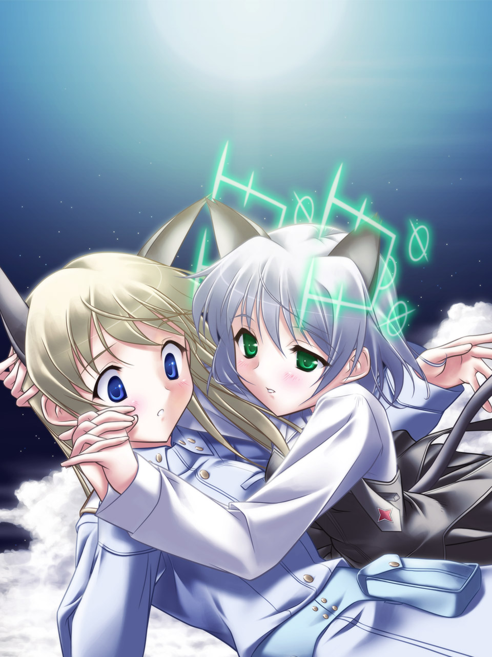 kaibara yuu, eila ilmatar juutilainen, sanya v. litvyak, strike witches, world witches series, silver hair, uniform, highres, 00s, 2girls, animal ears, antennae, blue eyes, blush, cloud, couple, green eyes, hirschgeweih antennas, holding hands, hug, long hair, multiple girls, short hair, sky, star (sky), star (symbol), starry sky, yuri