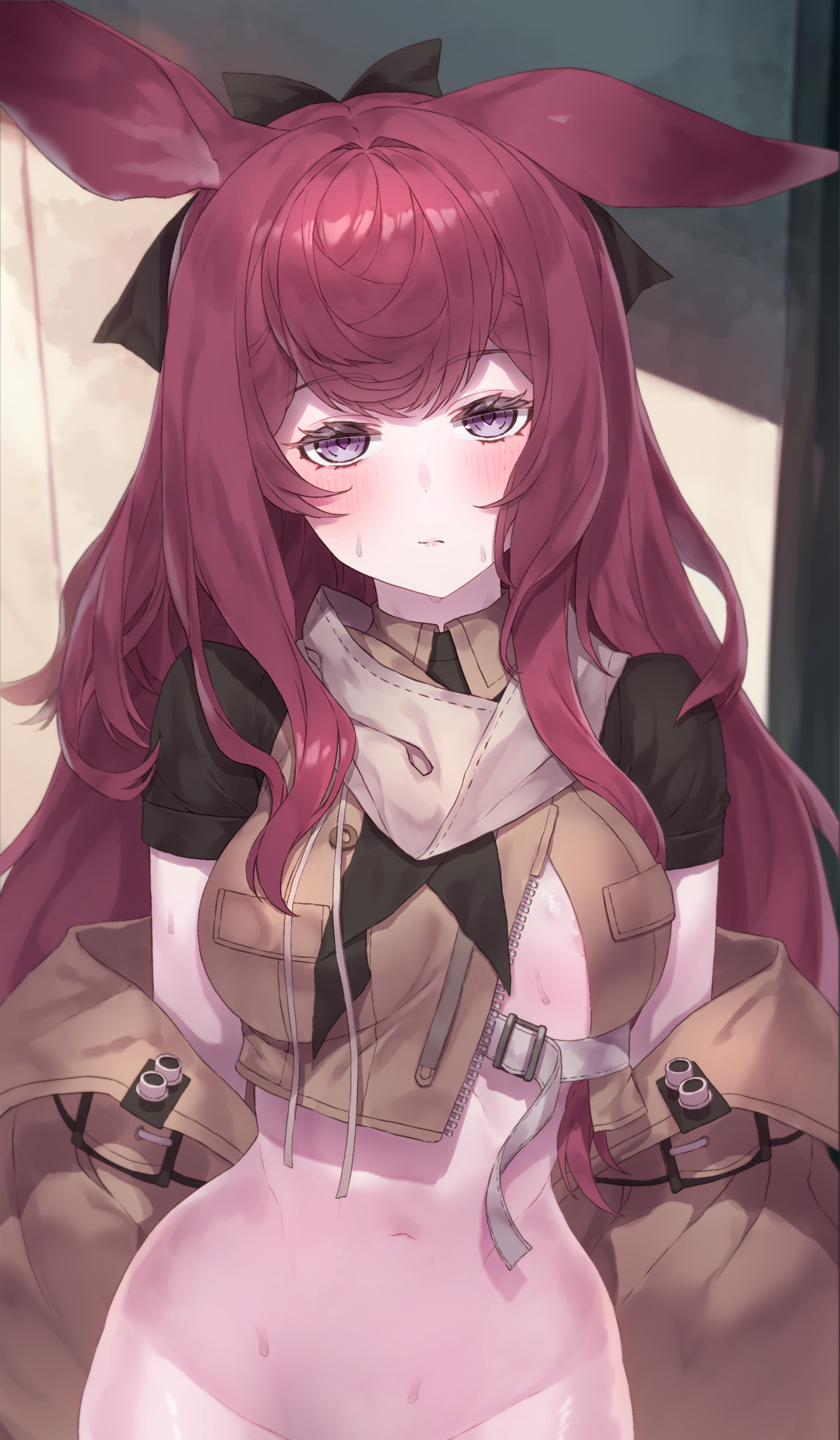 sicsic49, ray (arknights), arknights, absurdres, highres, 1girl, :|, animal ears, areola slip, belt, black scarf, blush, bottomless, breasts, brown jacket, closed mouth, clothes down, crop top, cropped shirt, crossed bangs, exhibitionism, groin, jacket, large breasts, long hair, looking at viewer, midriff, navel, open clothes, out-of-frame censoring, pink hair, public indecency, purple eyes, scarf, short sleeves, solo, staring, stomach, sweat, thighs, very long hair, white belt