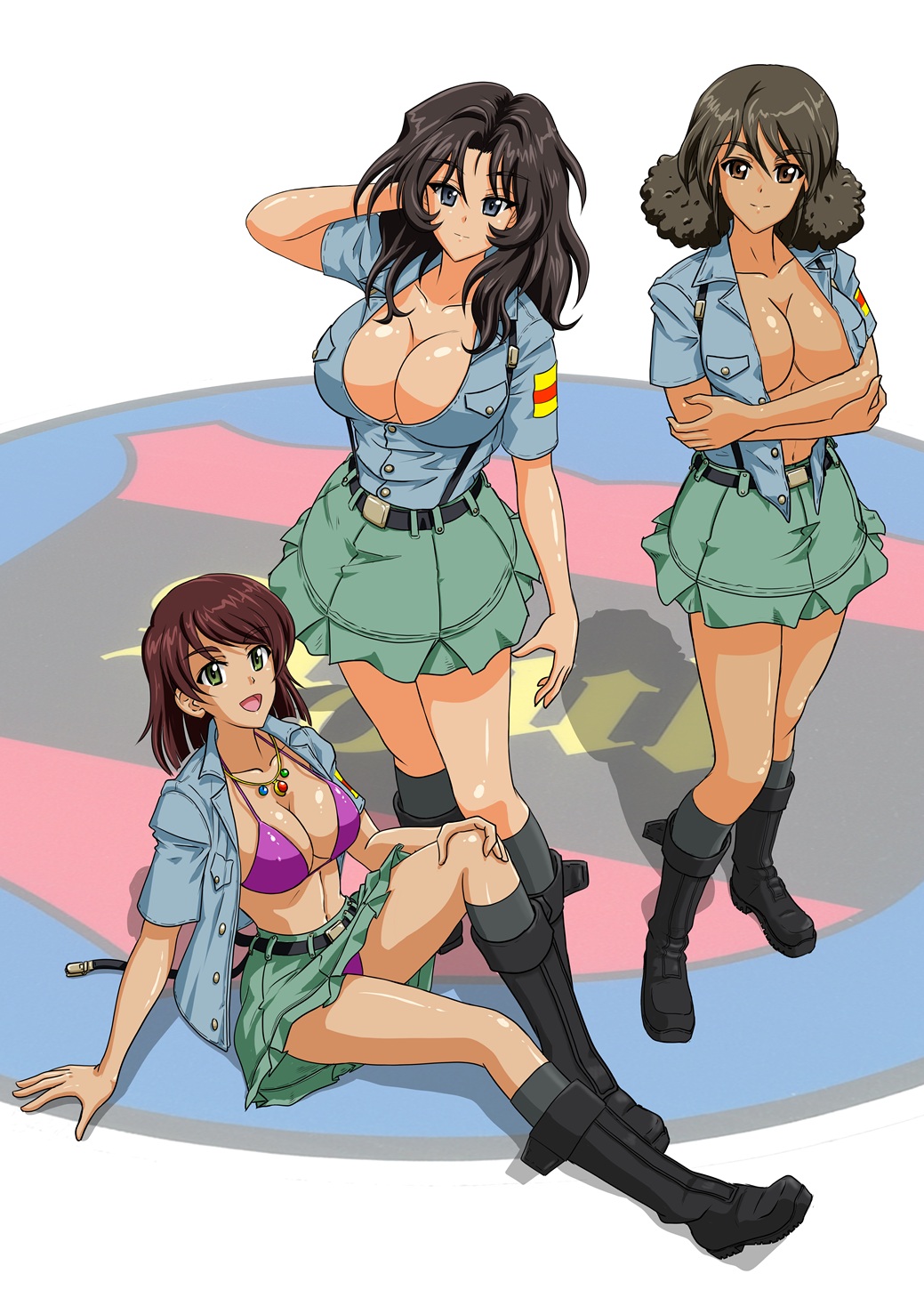 gemini69, el (girls und panzer), tristana (girls und panzer), viridiana (girls und panzer), girls und panzer, highres, aoshidan (emblem), aoshidan school uniform, bikini, black hair, blue eyes, breasts, brown eyes, brown hair, cleavage, closed mouth, crossed arms, green eyes, green skirt, jewelry, large breasts, long hair, looking at viewer, miniskirt, necklace, no bra, open mouth, purple bikini, school uniform, short hair, simple background, skirt, smile, swimsuit