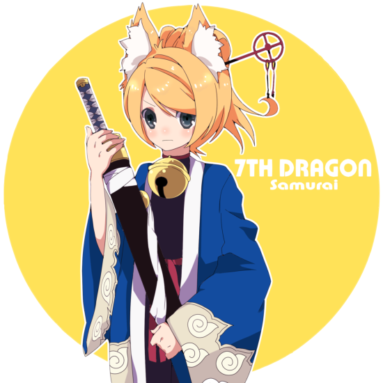 hidakarumen, kori, namuna (7th dragon), samurai (7th dragon), 7th dragon, 7th dragon (series), bad id, bad pixiv id, 1girl, animal ear fluff, animal ears, bell, black eyes, blonde hair, blue eyes, character name, circle, copyright name, english text, female focus, fox ears, hair ornament, holding, holding sword, holding weapon, japanese clothes, jingle bell, katana, kimono, neck bell, sheath, sheathed, simple background, solo, sword, weapon