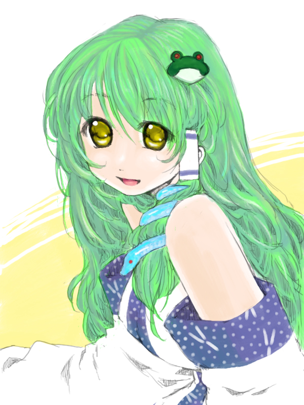 bakufu, fuu (futian), kochiya sanae, touhou, 1girl, detached sleeves, female focus, green hair, hair ornament, long hair, snake, solo, yellow eyes