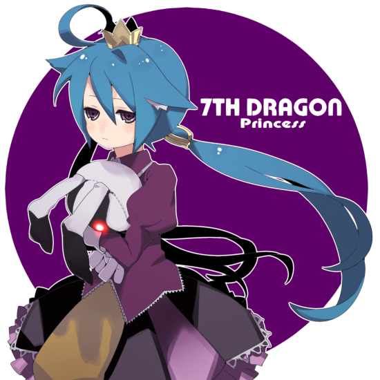 hidakarumen, kori, momomeno (7th dragon), princess (7th dragon), 7th dragon, 7th dragon (series), bad id, bad pixiv id, 1girl, ahoge, animal ears, blue hair, character name, circle, copyright name, crown, female focus, glowing, glowing eyes, long hair, purple eyes, solo, stuffed animal, stuffed rabbit, stuffed toy