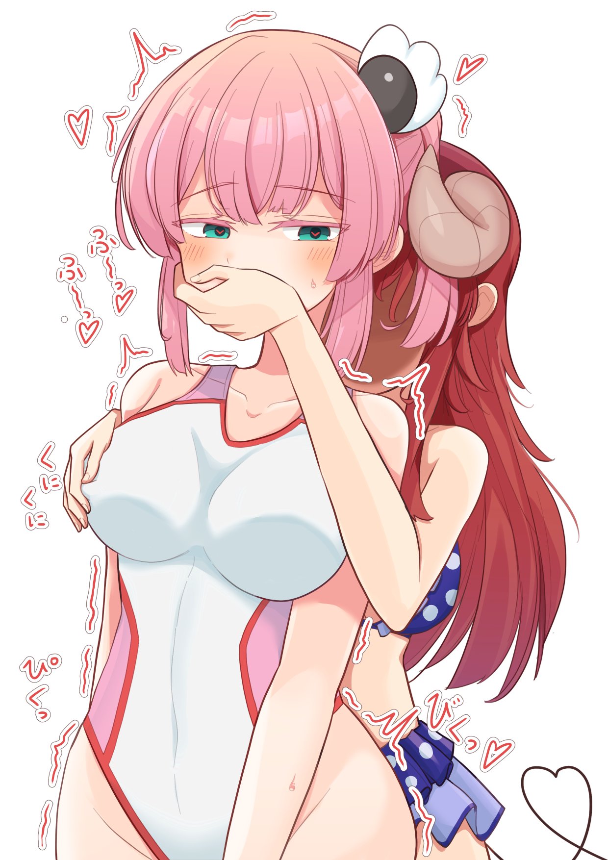 ame (no hi no) mori, chiyoda momo, yoshida yuuko, machikado mazoku, highres, 2girls, bikini, bikini skirt, blush, breasts, brown hair, covering another's mouth, demon girl, demon horns, demon tail, grabbing another's breast, grabbing from behind, green eyes, groping, hair ornament, hand over another's mouth, horns, large breasts, long hair, multiple girls, one-piece swimsuit, pink hair, polka dot, polka dot bikini, short hair, simple background, sweat, swimsuit, tail, trembling, white background, yuri