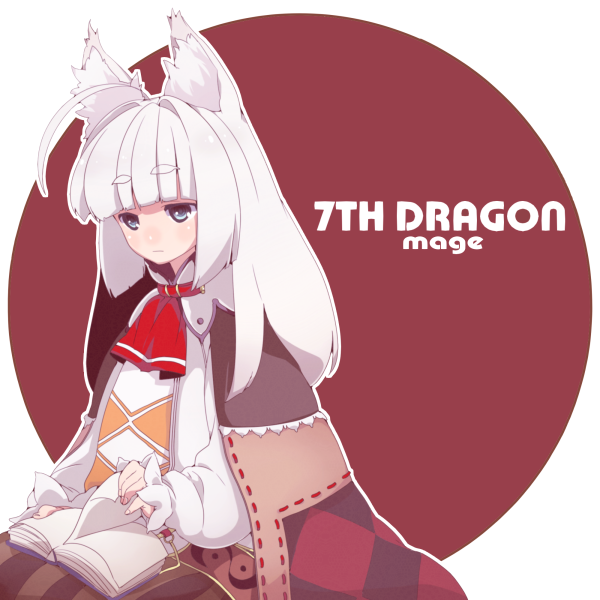 hidakarumen, kori, ikurakun (7th dragon), mage (7th dragon), 7th dragon, 7th dragon (series), bad id, bad pixiv id, 1girl, ahoge, animal ear fluff, animal ears, ascot, blue eyes, blunt bangs, book, character name, circle, copyright name, female focus, fox ears, red ascot, short hair, sitting, solo, white hair