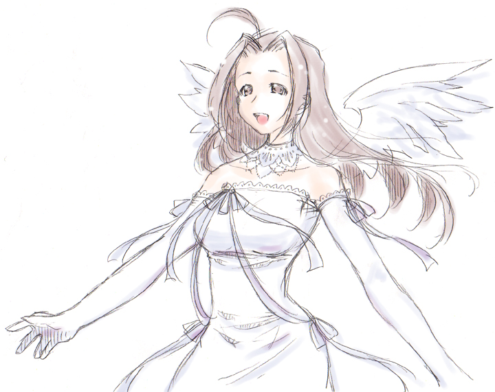 bakufu, fuu (futian), miura azusa, idolmaster, idolmaster (classic), 00s, 1girl, ahoge, bride, brown hair, dress, elbow gloves, female focus, gloves, long hair, ribbon, solo, wedding dress, wings